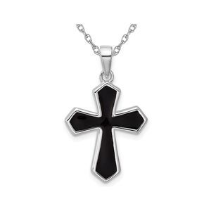 Sterling Silver Black Enamel Cross Pendant Necklace with Chain